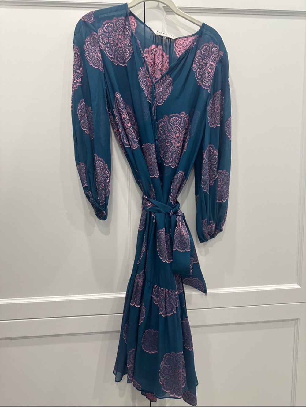 Trina Turk Teal Floral Wrap Midi Dress with Pink Medallion Print with slip